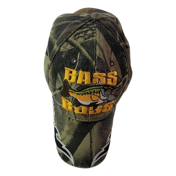 Bass Boss Camouflage Flames Embroidered Bass Fish One Size Fits All Baseball Cap - Picture 2 of 7